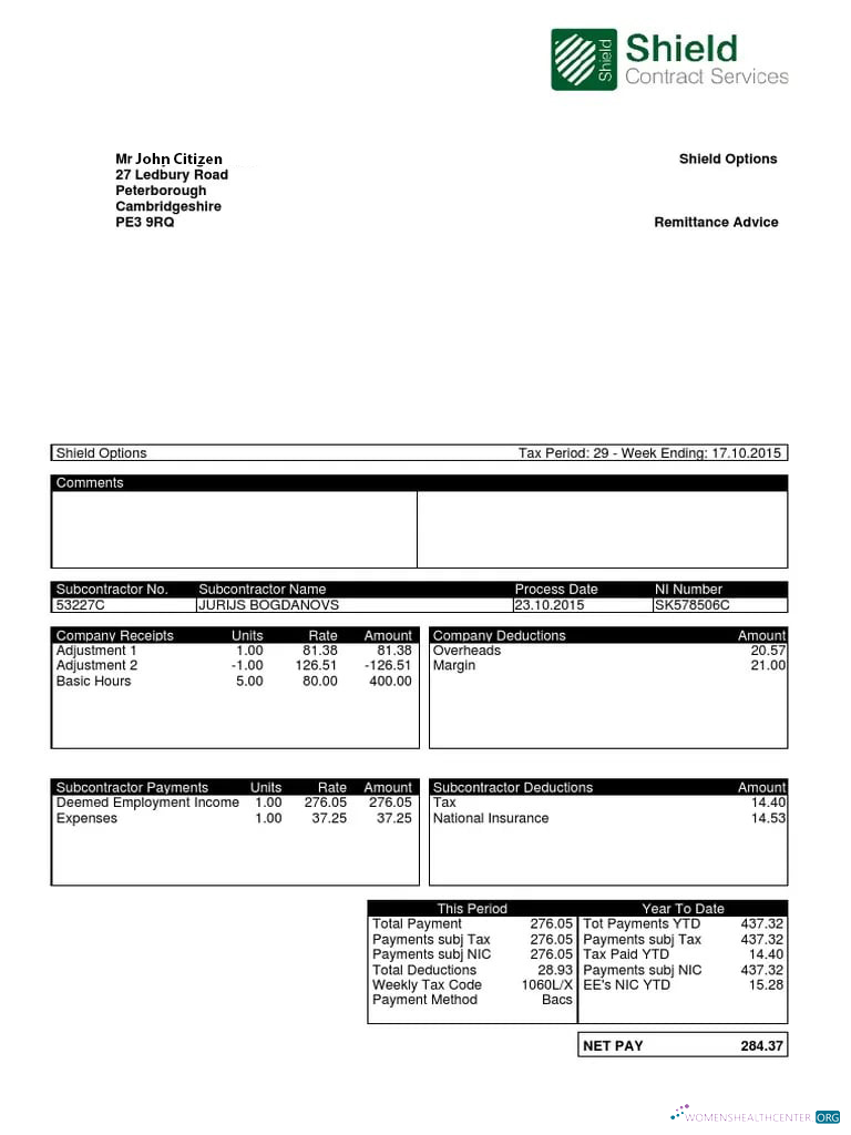 Download UNITED KINGDOM SHIELD contract services payslip in Word and PDF formats Photoshop template